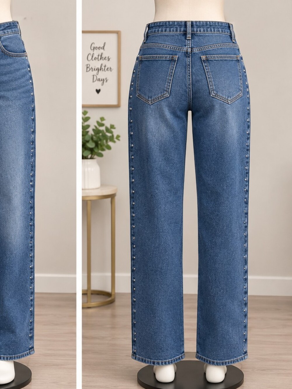 Forever 21 Blue High-Rise Wide-Leg Jeans with Side Studs
